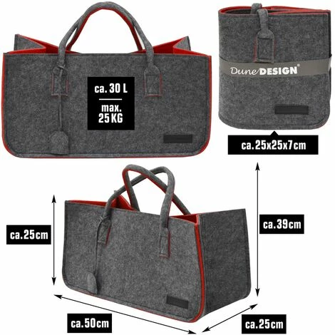 DuneDesign Sac En Faux Feutre 50x25x25cm à Provisions Bois 25kg Gris Rouge - Rot 4 DuneDesign Sac En Faux Feutre 50x25x25cm à Provisions Bois 25kg Gris Rouge - Rot – Image 2