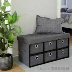 DuneDesign Coffre De Rangement Pliante 76x38x38cm 6 Tiroirs 80L Poufs Pliable Repose-pieds Rectangulaire Rembourré 2 Places Gris Foncé - Grau -DUNEDESIGN Sales 2024 20971697 3