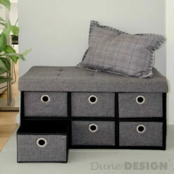 DuneDesign Coffre De Rangement Pliante 76x38x38cm 6 Tiroirs 80L Poufs Pliable Repose-pieds Rectangulaire Rembourré 2 Places Gris Foncé - Grau -DUNEDESIGN Sales 2024 20971697 4