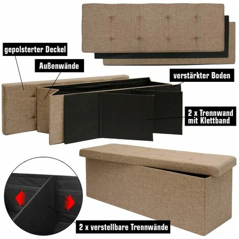 DuneDesign Coffre De Rangement XXL Pliante 110x38x38cm Incl 2 Cloisons 120L Pouf Pliable Repose-pieds Rectangulaire Rembourré 3 Places Marron Clair - Braun 4 DuneDesign Coffre De Rangement XXL Pliante 110x38x38cm Incl 2 Cloisons 120L Pouf Pliable Repose-pieds Rectangulaire Rembourré 3 Places Marron Clair - Braun – Image 3