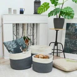 DUNEDESIGN Set De 3 Paniers En Corde De Coton Corbeilles à Linge 20-45L Grands Rangement - Grau -DUNEDESIGN Sales 2024 35534257 3