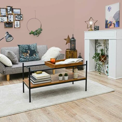 DUNEDESIGN Table Basse Industrielle Avec Plateau En Bois 90x44x50 Table Café Rectangulaire - Braun 4 DUNEDESIGN Table Basse Industrielle Avec Plateau En Bois 90x44x50 Table Café Rectangulaire - Braun – Image 2