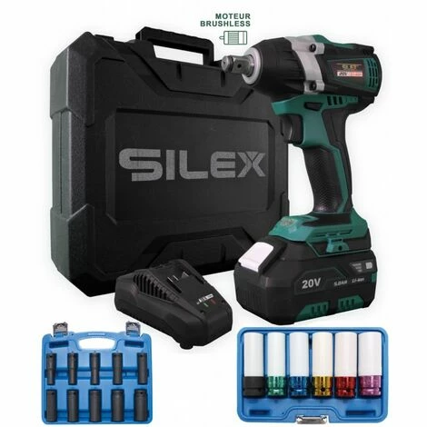 Clé à Chocs 20V Sans Fil Silex® 20V Moteur Brushless - Batterie 6.0Ah + 6 Douilles Pour Jantes + 10 Douilles à Choc 3 Clé à Chocs 20V Sans Fil Silex® 20V Moteur Brushless - Batterie 6.0Ah + 6 Douilles Pour Jantes + 10 Douilles à Choc