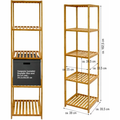 DuneDesign Étagère En Bois 38x39,5x162,5cm 5 Tablettes Superposées Lattes En Bambou Meuble à Rayonnages De Salle De Bain - Braun 3 DuneDesign Étagère En Bois 38x39,5x162,5cm 5 Tablettes Superposées Lattes En Bambou Meuble à Rayonnages De Salle De Bain - Braun – Image 2