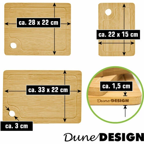 DUNEDESIGN Set De 3 Planche à Découper En Bambou - 33x22cm Planche En Bois - Rainure à Jus - Braun 7 DUNEDESIGN Set De 3 Planche à Découper En Bambou - 33x22cm Planche En Bois - Rainure à Jus - Braun – Image 5